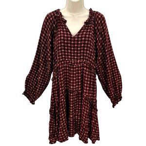 Bohemian Womens Burgundy Balloon Sleeve Print V Neck Midi Dress Size M